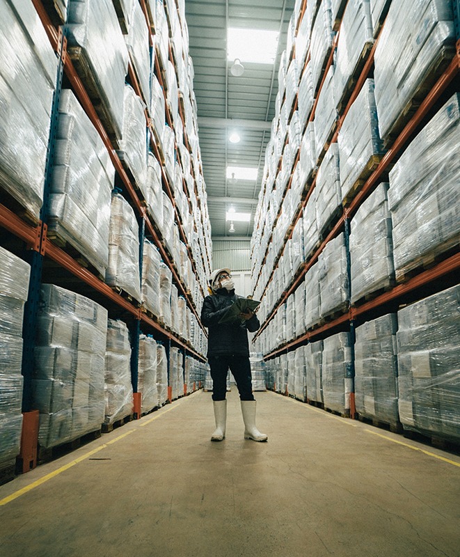 person standing in a full warehouse